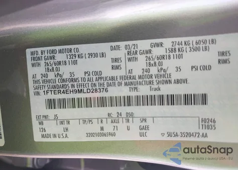 2021 Ford Ranger Xl z USA, uszkodzony, nr VIN 1FTER4EH9MLD28376